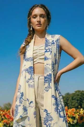 Buy_House Of Fett_Beige Cotton Bandeau , Open Rainforest Abstract Pattern Jacket Pant Set _Online_at_Aza_Fashions