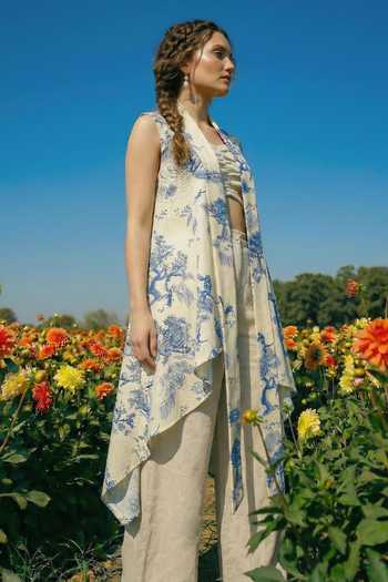 House Of Fett_Beige Cotton Bandeau , Open Rainforest Abstract Pattern Jacket Pant Set _at_Aza_Fashions