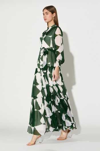 Koai_Green Chiffon Mandarin Collar Abstract Print Maxi Dress _Online_at_Aza_Fashions