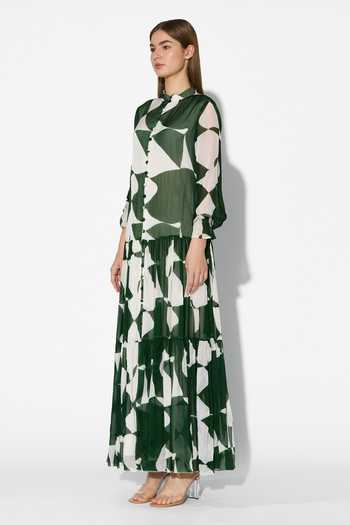 Buy_Koai_Green Chiffon Mandarin Collar Abstract Print Maxi Dress _Online_at_Aza_Fashions