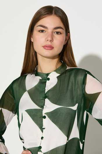 Koai_Green Chiffon Mandarin Collar Abstract Print Maxi Dress _at_Aza_Fashions