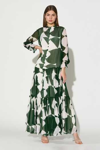 Buy_Koai_Green Chiffon Mandarin Collar Abstract Print Maxi Dress 