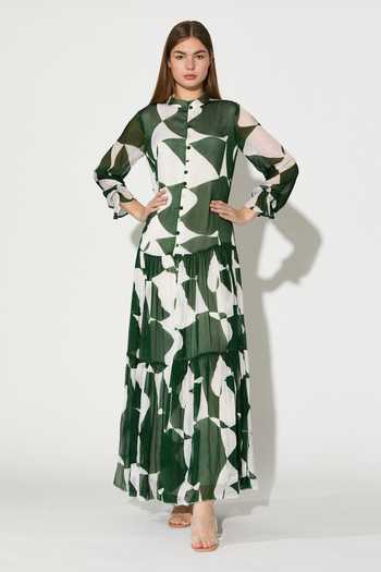 Shop_Koai_Green Chiffon Mandarin Collar Abstract Print Maxi Dress 