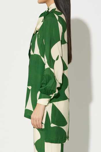 Koai_Green Silk, Cotton, Muslin High Neck Abstract Print Shirt _Online_at_Aza_Fashions