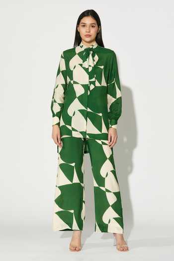 Buy_Koai_Green Silk, Cotton, Muslin High Neck Abstract Print Shirt _Online_at_Aza_Fashions