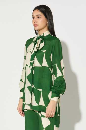Shop_Koai_Green Silk, Cotton, Muslin High Neck Abstract Print Shirt _Online_at_Aza_Fashions
