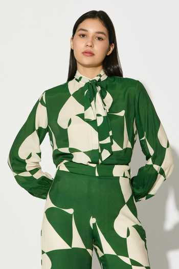 Koai_Green Silk, Cotton, Muslin High Neck Abstract Print Shirt _at_Aza_Fashions