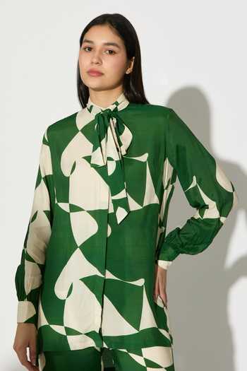 Buy_Koai_Green Silk, Cotton, Muslin High Neck Abstract Print Shirt 