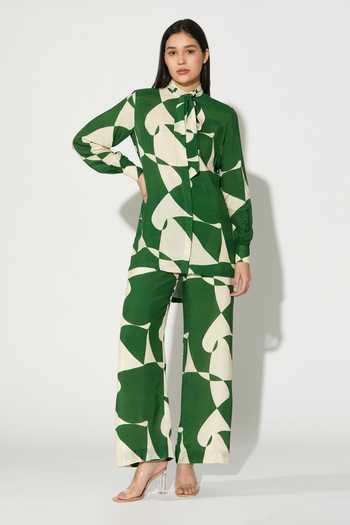 Shop_Koai_Green Silk, Cotton, Muslin High Neck Abstract Print Shirt 