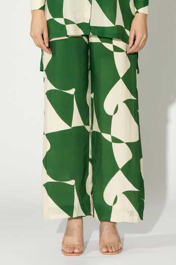 Koai_Green Silk, Cotton, Muslin Abstract Print Pant _at_Aza_Fashions