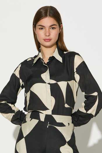 Shop_Koai_Black Silk, Cotton, Muslin Collared Abstract Print Shirt _Online_at_Aza_Fashions