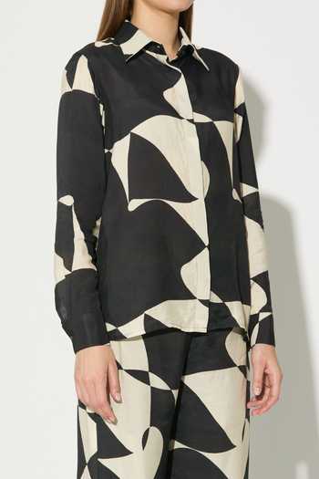 Koai_Black Silk, Cotton, Muslin Collared Abstract Print Shirt _at_Aza_Fashions