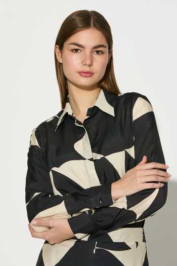 Shop_Koai_Black Silk, Cotton, Muslin Collared Abstract Print Shirt 