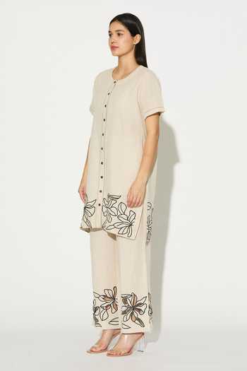 Koai_Cream Linen Round Neck Embroidered Kurta _Online_at_Aza_Fashions