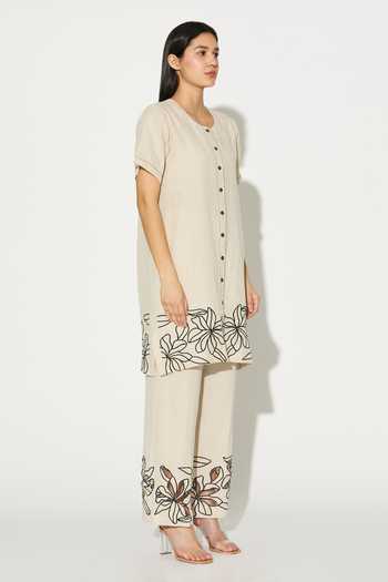 Buy_Koai_Cream Linen Round Neck Embroidered Kurta _Online_at_Aza_Fashions
