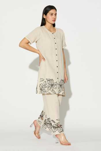 Shop_Koai_Cream Linen Round Neck Embroidered Kurta _Online_at_Aza_Fashions