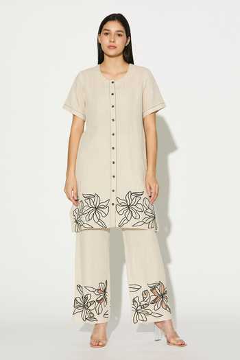 Koai_Cream Linen Round Neck Embroidered Kurta _at_Aza_Fashions