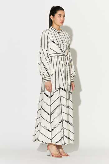 Koai_Off White Silk, Cotton, Muslin Mandarin Collar Linear Embroidered Dress _Online_at_Aza_Fashions