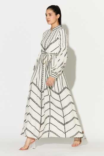 Buy_Koai_Off White Silk, Cotton, Muslin Mandarin Collar Linear Embroidered Dress _Online_at_Aza_Fashions