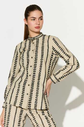 Koai_Beige Cotton, Poplin Mandarin Collar Embroidered Long Sleeve Button-down Shirt _Online_at_Aza_Fashions