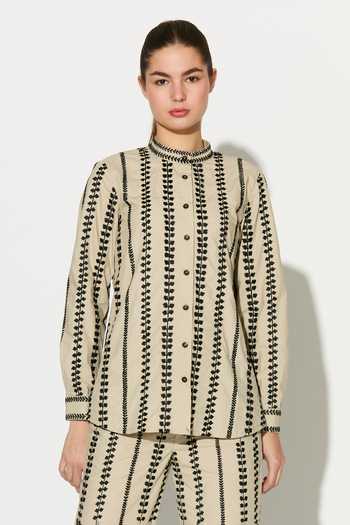 Buy_Koai_Beige Cotton, Poplin Mandarin Collar Embroidered Long Sleeve Button-down Shirt _Online_at_Aza_Fashions