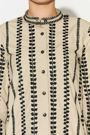 Shop_Koai_Beige Cotton, Poplin Mandarin Collar Embroidered Long Sleeve Button-down Shirt _Online_at_Aza_Fashions
