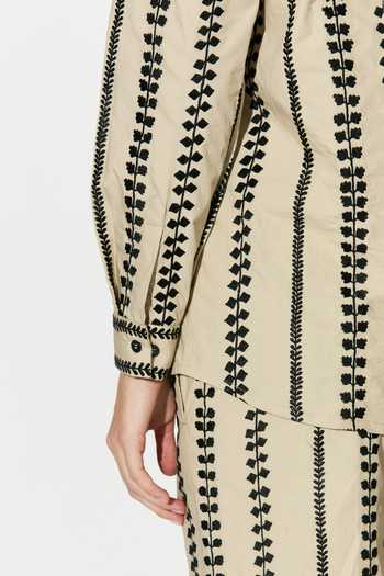 Koai_Beige Cotton, Poplin Mandarin Collar Embroidered Long Sleeve Button-down Shirt _at_Aza_Fashions