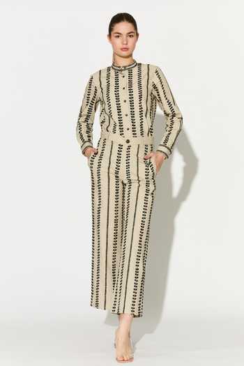 Buy_Koai_Beige Cotton, Poplin Mandarin Collar Embroidered Long Sleeve Button-down Shirt 
