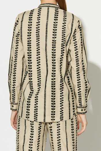 Shop_Koai_Beige Cotton, Poplin Mandarin Collar Embroidered Long Sleeve Button-down Shirt 