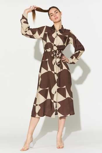 Koai_White Silk, Cotton, Muslin Collared Abstract Print Dress _Online_at_Aza_Fashions