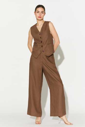 Koai_Brown Linen V-neck Waistcoat _Online_at_Aza_Fashions