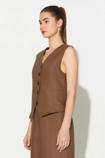 Buy_Koai_Brown Linen V-neck Waistcoat _Online_at_Aza_Fashions