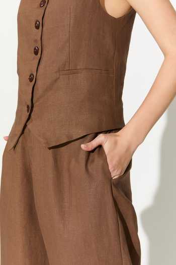 Shop_Koai_Brown Linen V-neck Waistcoat _Online_at_Aza_Fashions
