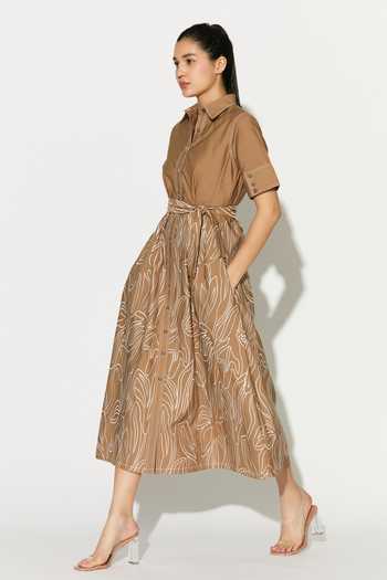 Koai_Brown Cotton, Poplin Collared Abstract Embroidered Dress _at_Aza_Fashions