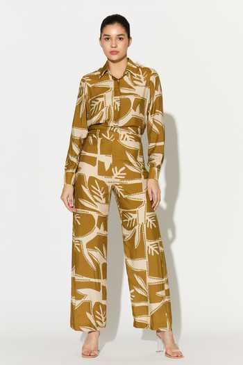 Koai_Yellow Silk, Cotton, Muslin Collared Abstract Leaf Print Shirt _Online_at_Aza_Fashions