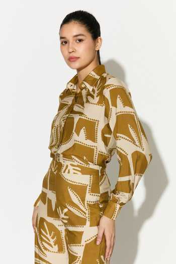 Shop_Koai_Yellow Silk, Cotton, Muslin Collared Abstract Leaf Print Shirt _Online_at_Aza_Fashions
