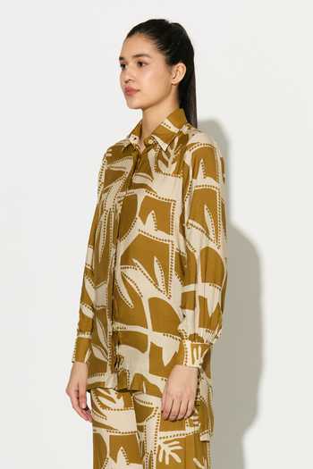 Koai_Yellow Silk, Cotton, Muslin Collared Abstract Leaf Print Shirt _at_Aza_Fashions