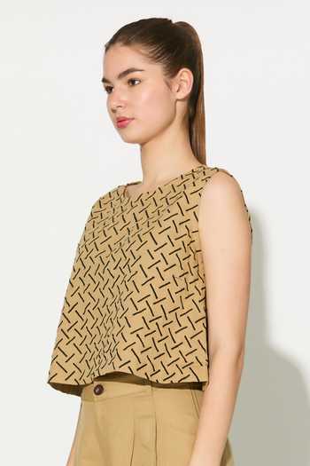Koai_Beige Linen Round Neck Geometric Print Top _Online_at_Aza_Fashions