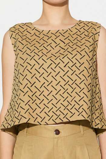 Buy_Koai_Beige Linen Round Neck Geometric Print Top _Online_at_Aza_Fashions