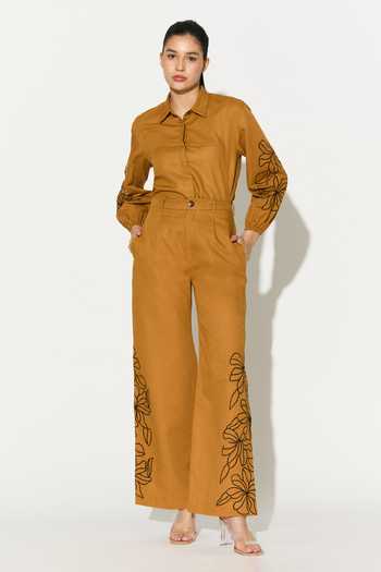 Koai_Yellow Linen Embroidered Pant _Online_at_Aza_Fashions