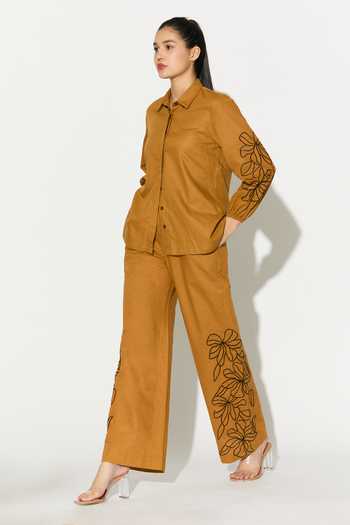 Shop_Koai_Yellow Linen Embroidered Pant _Online_at_Aza_Fashions
