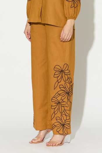 Koai_Yellow Linen Embroidered Pant _at_Aza_Fashions