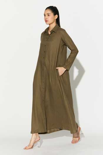 Koai_Green Linen Collared Maxi Dress _Online_at_Aza_Fashions