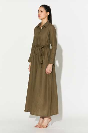 Buy_Koai_Green Linen Collared Maxi Dress _Online_at_Aza_Fashions