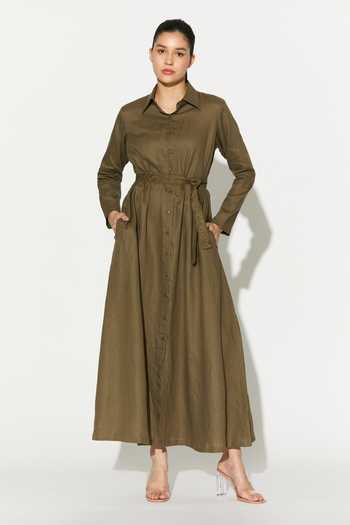 Shop_Koai_Green Linen Collared Maxi Dress _Online_at_Aza_Fashions