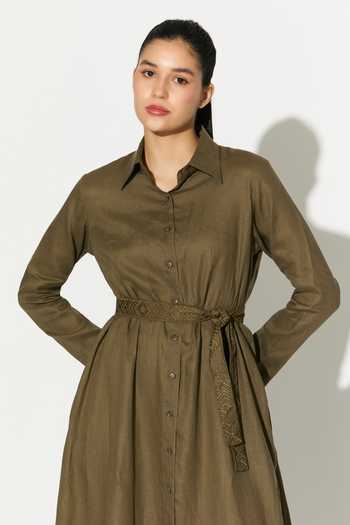 Koai_Green Linen Collared Maxi Dress _at_Aza_Fashions