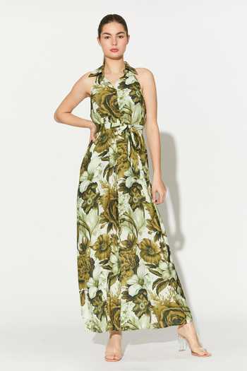 Koai_Cream Silk, Cotton, Muslin Collared, Halter Neck Floral Dress _Online_at_Aza_Fashions