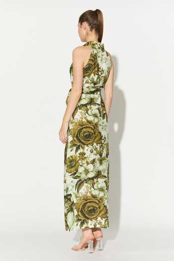 Shop_Koai_Cream Silk, Cotton, Muslin Collared, Halter Neck Floral Dress _Online_at_Aza_Fashions