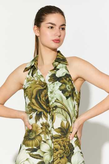 Buy_Koai_Cream Silk, Cotton, Muslin Collared, Halter Neck Floral Dress 