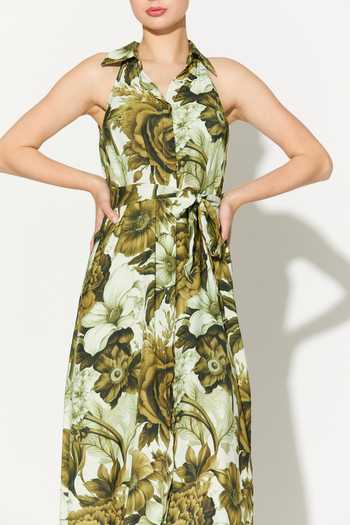 Shop_Koai_Cream Silk, Cotton, Muslin Collared, Halter Neck Floral Dress 